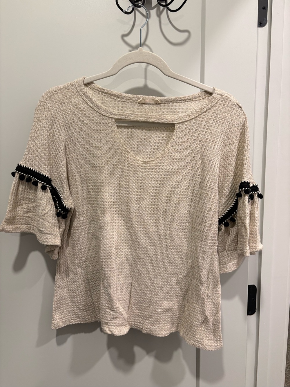 Hummingbird Cream Short Sleeve Textured Top with Black Pom Trim